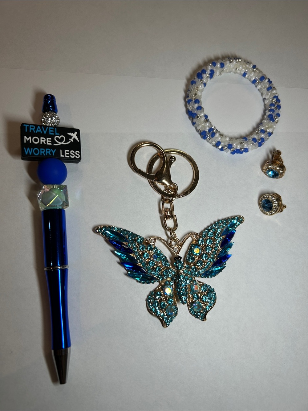 4 Piece Set Blue Crystal Butterfly Keychain with Accessories - Picture 10 of 12